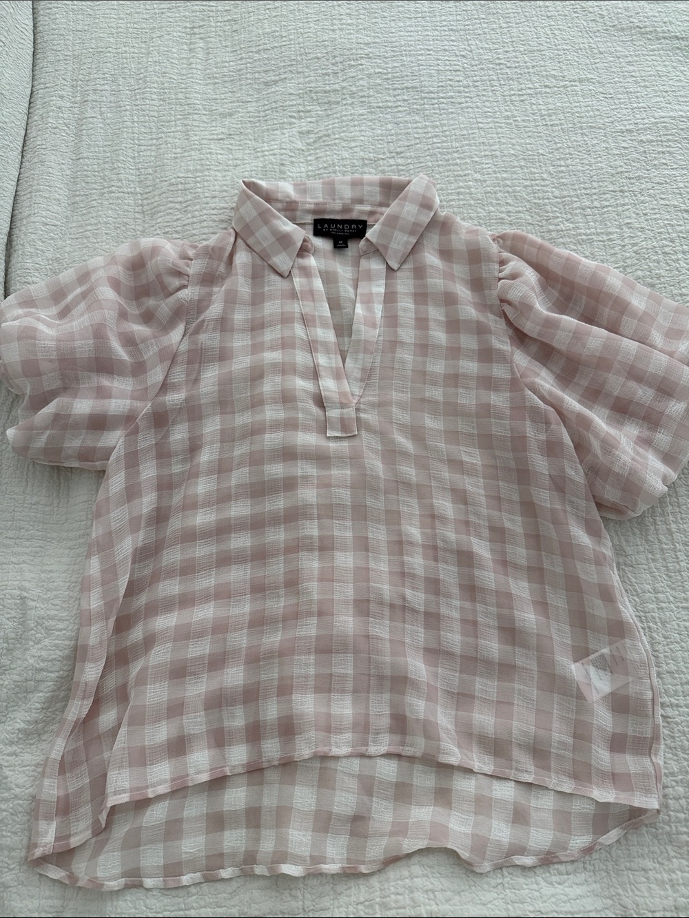 Laundry By Shelli Segal Pink and White Gingham Puff Sleeve Top